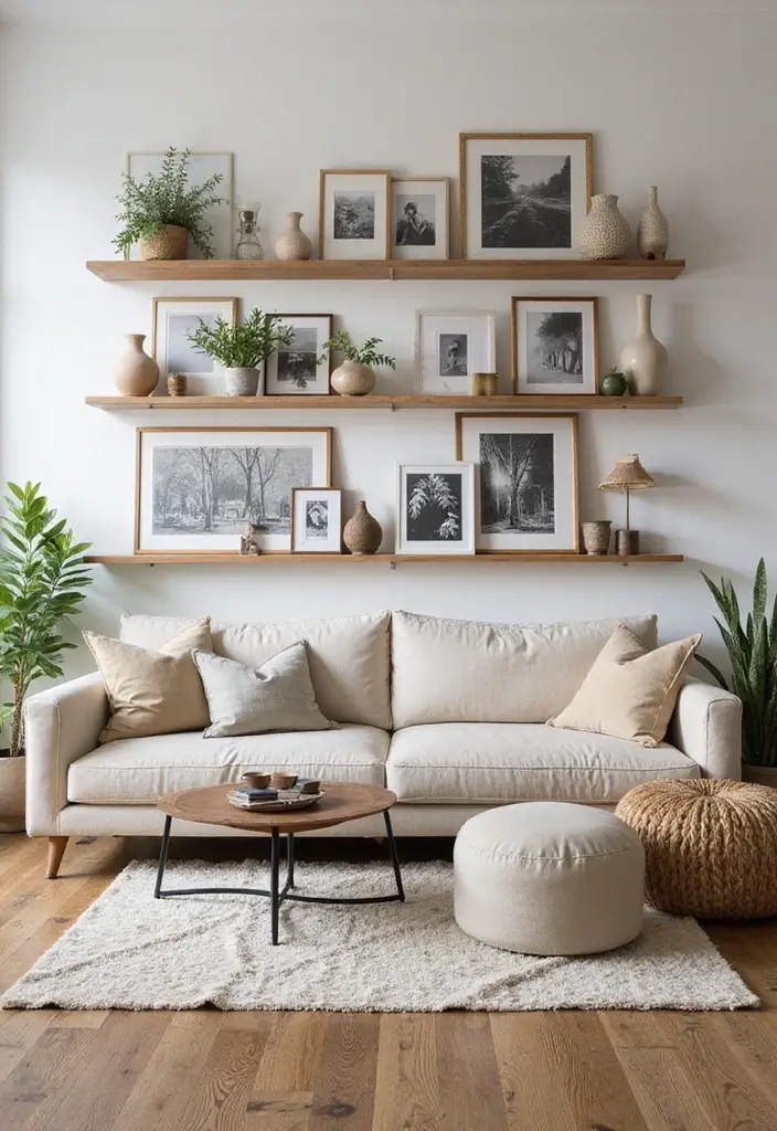 28 Living Room With Shelves Ideas That Add Storage and Charm - 3. Ledge Shelves for Art Displays