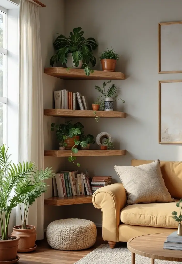 28 Living Room With Shelves Ideas That Add Storage and Charm - 4. Corner Shelves for Maximizing Space