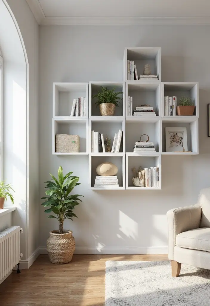 28 Living Room With Shelves Ideas That Add Storage and Charm - 6. Floating Cube Shelves
