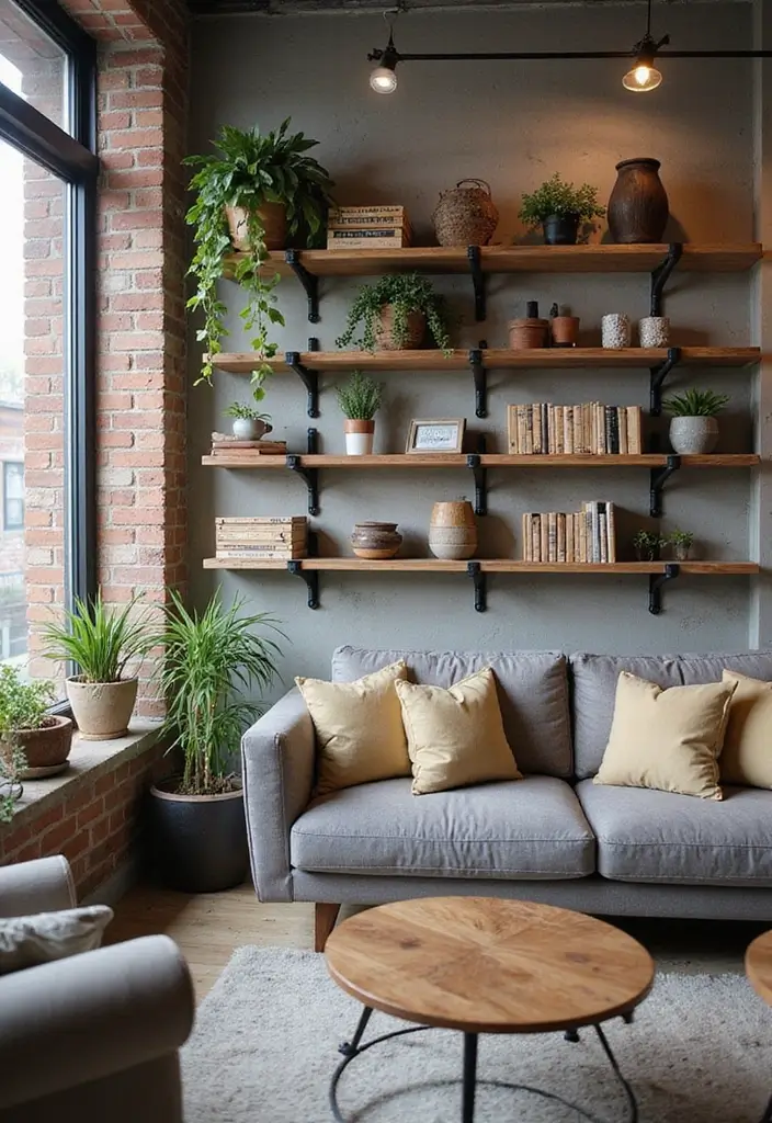 28 Living Room With Shelves Ideas That Add Storage and Charm - 7. Industrial Pipe Shelves