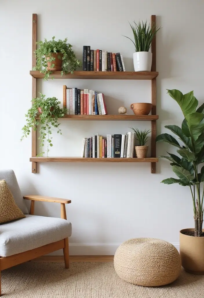 28 Living Room With Shelves Ideas That Add Storage and Charm - 8. Wall-Mounted Ladder Shelves