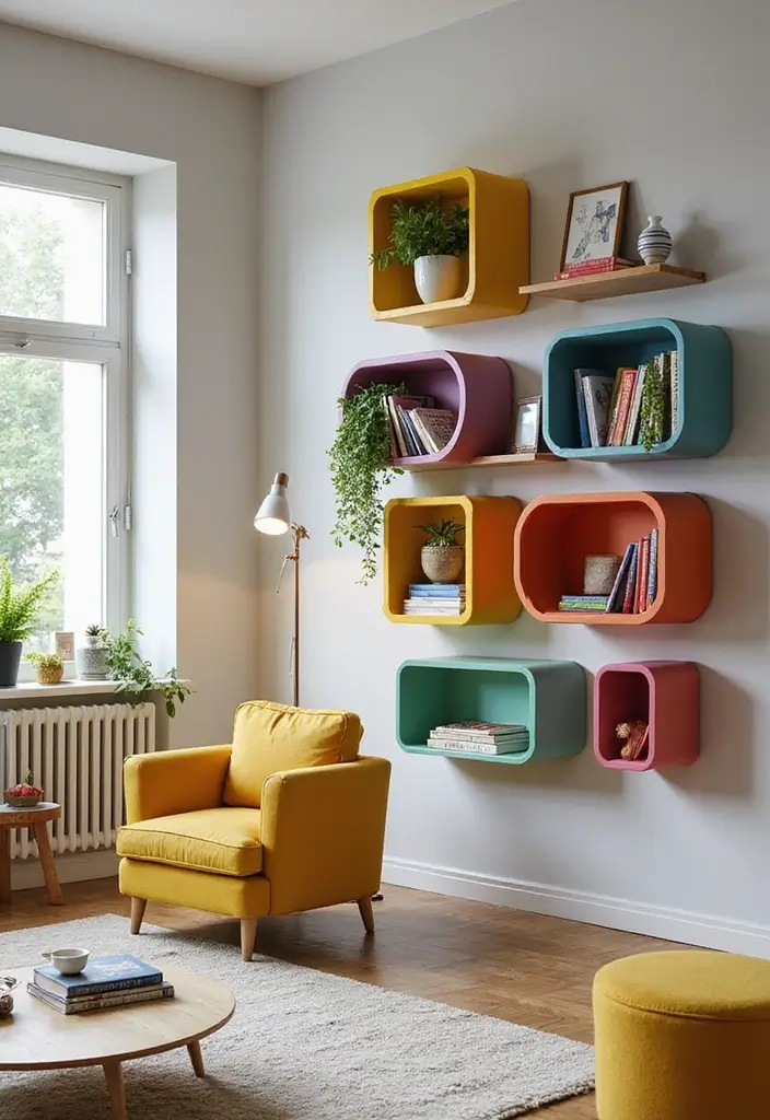 28 Living Room With Shelves Ideas That Add Storage and Charm - 9. Colorful Modular Shelves