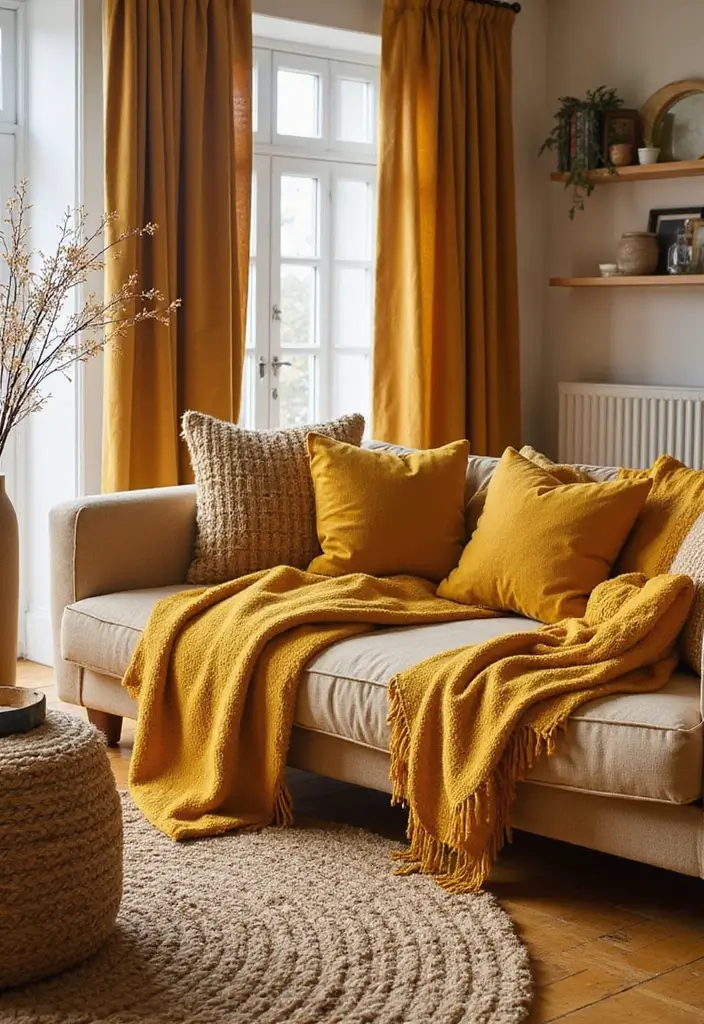 28 Mustard Living Room Ideas That Feel Warm and Bold - 11. Mustard Textiles