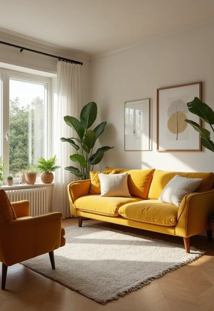 28 Mustard Living Room Ideas That Feel Warm and Bold - 13. Mustard and Natural Elements