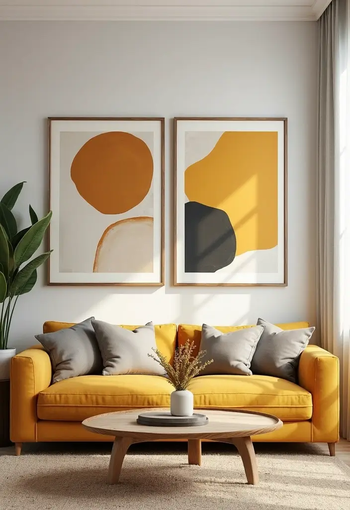 28 Mustard Living Room Ideas That Feel Warm and Bold - 14. Mustard in Artwork