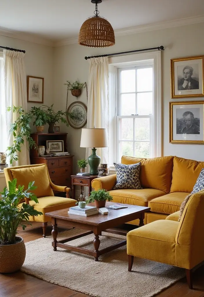 28 Mustard Living Room Ideas That Feel Warm and Bold - 15. Mustard Vintage Finds