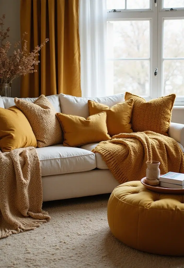 28 Mustard Living Room Ideas That Feel Warm and Bold - 17. Mustard and Textured Fabrics