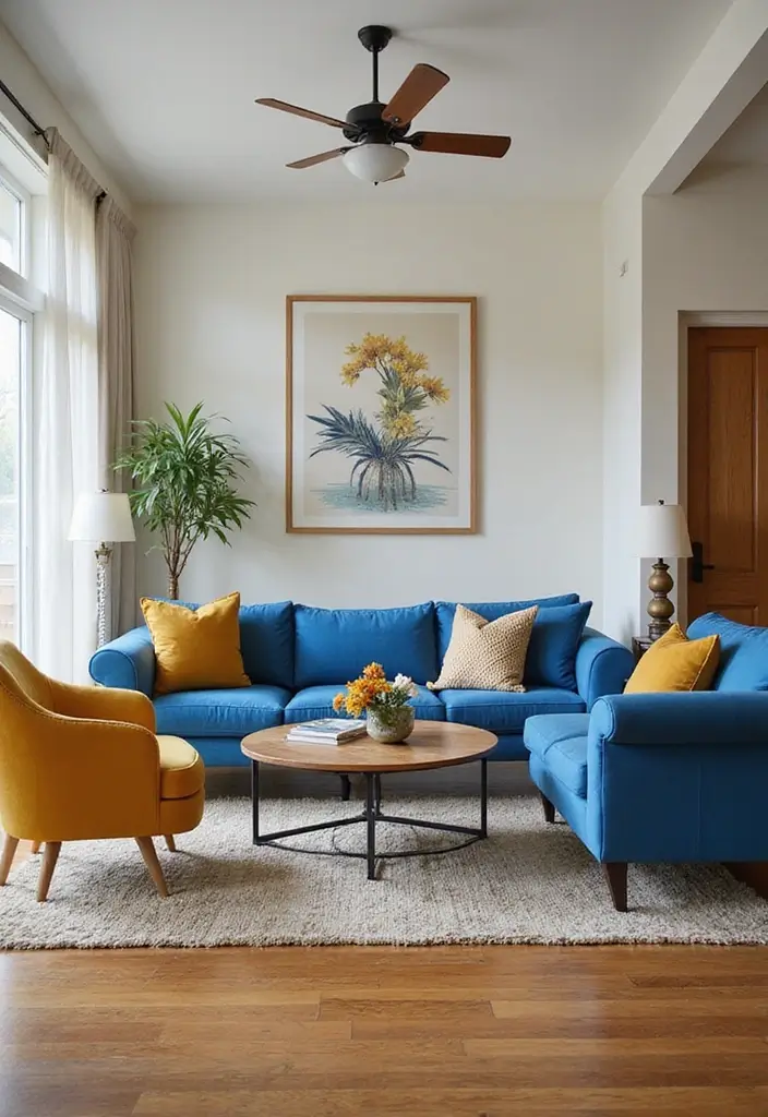 28 Mustard Living Room Ideas That Feel Warm and Bold - 18. Mustard with Blue Accents