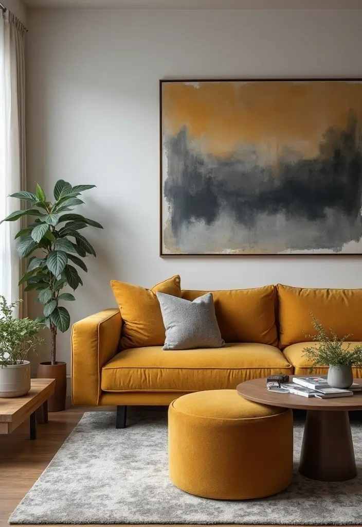 28 Mustard Living Room Ideas That Feel Warm and Bold - 19. Mustard and Gray Harmony
