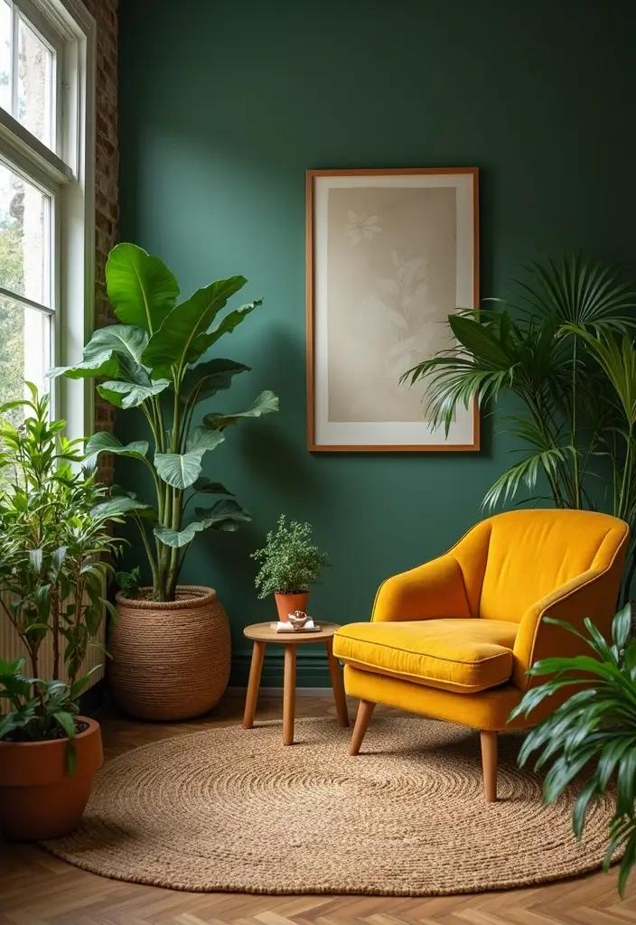 28 Mustard Living Room Ideas That Feel Warm and Bold - 20. Mustard and Greenery