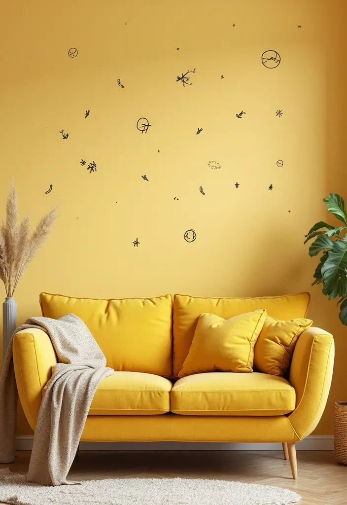 28 Mustard Living Room Ideas That Feel Warm and Bold - 21. Mustard Wall Decals