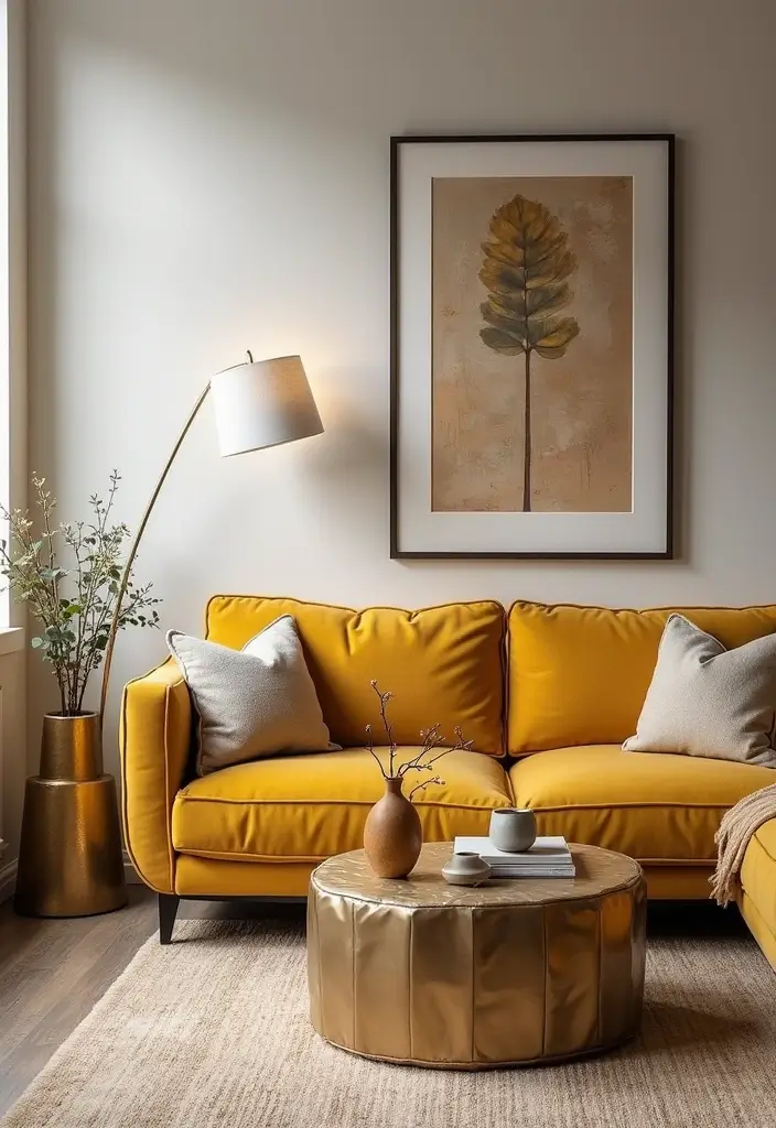 28 Mustard Living Room Ideas That Feel Warm and Bold - 22. Mustard and Metallic Accents