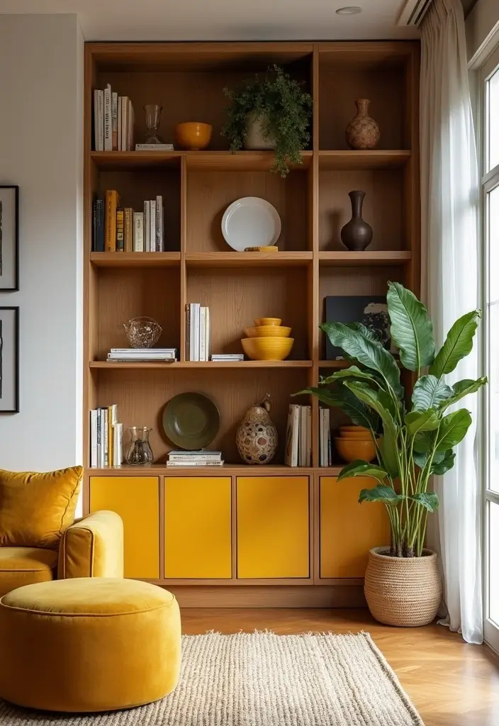 28 Mustard Living Room Ideas That Feel Warm and Bold - 23. Mustard in Bookcases