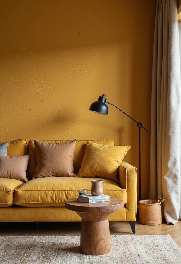 28 Mustard Living Room Ideas That Feel Warm and Bold - 24. Mustard and Textured Walls