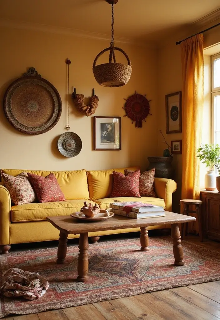 28 Mustard Living Room Ideas That Feel Warm and Bold - 26. Mustard and Artisanal Decor