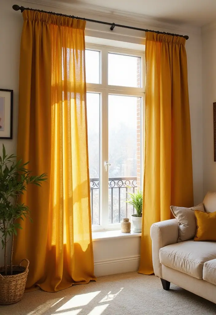 28 Mustard Living Room Ideas That Feel Warm and Bold - 3. Mustard Curtains