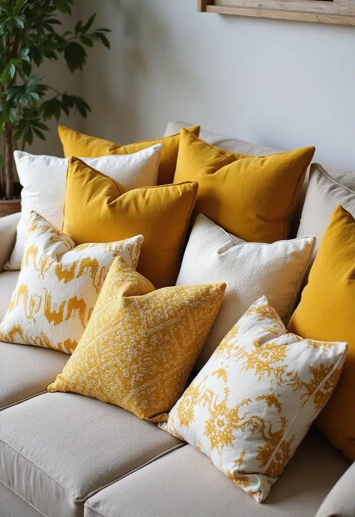 28 Mustard Living Room Ideas That Feel Warm and Bold - 4. Mustard Throw Pillows