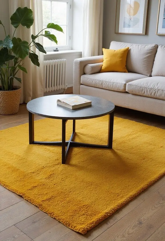 28 Mustard Living Room Ideas That Feel Warm and Bold - 5. Mustard Area Rugs