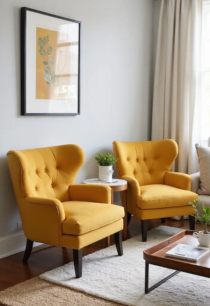 28 Mustard Living Room Ideas That Feel Warm and Bold - 6. Mustard Accent Chairs