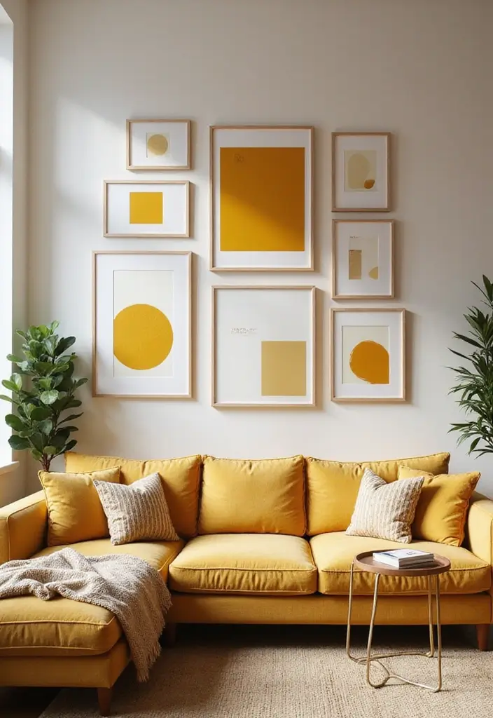 28 Mustard Living Room Ideas That Feel Warm and Bold - 7. Mustard Wall Art