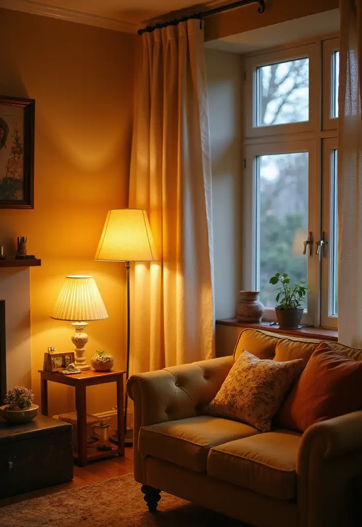 28 Mustard Living Room Ideas That Feel Warm and Bold - 8. Mustard Lighting