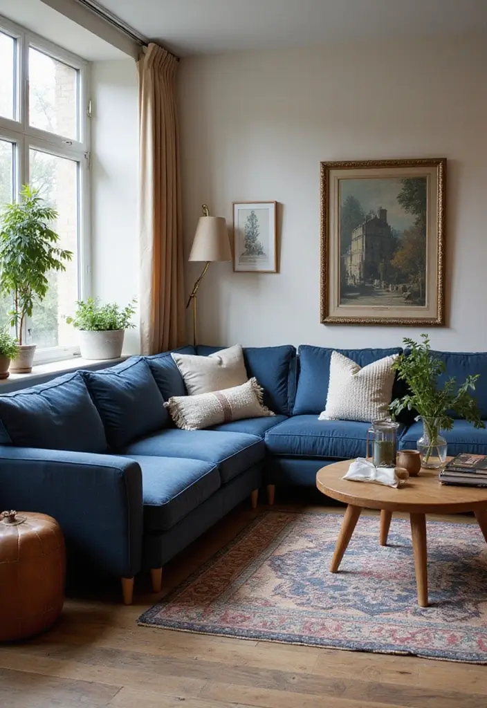 28 Navy Blue Sectional Living Room Ideas That Look Bold and Modern - 11. Vintage Vibes