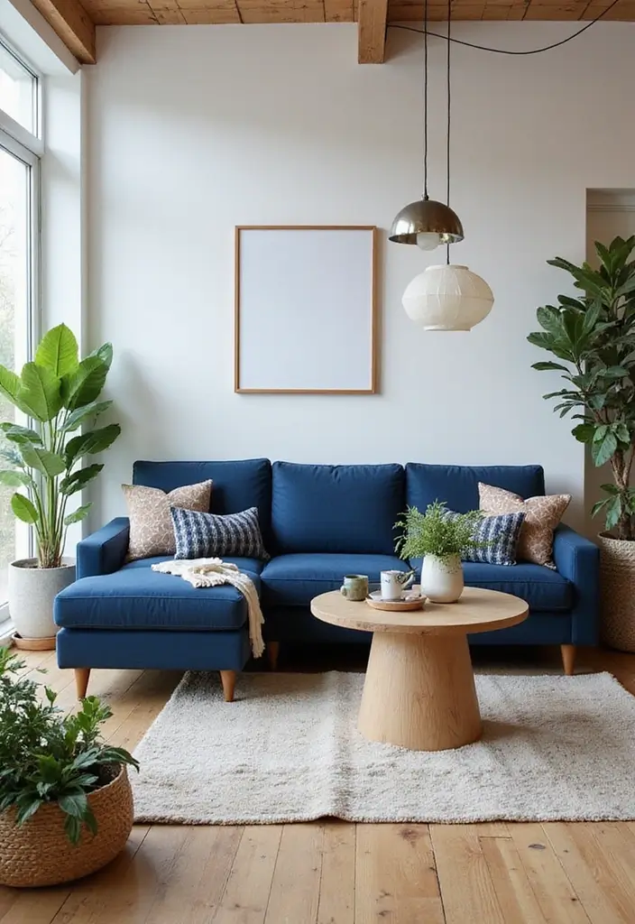 28 Navy Blue Sectional Living Room Ideas That Look Bold and Modern - 12. Outdoor-Inspired Decor