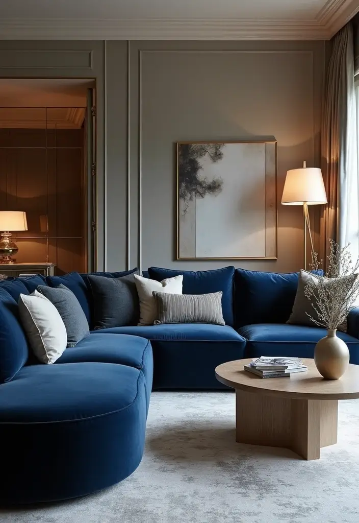 28 Navy Blue Sectional Living Room Ideas That Look Bold and Modern - 13. Modern Glam