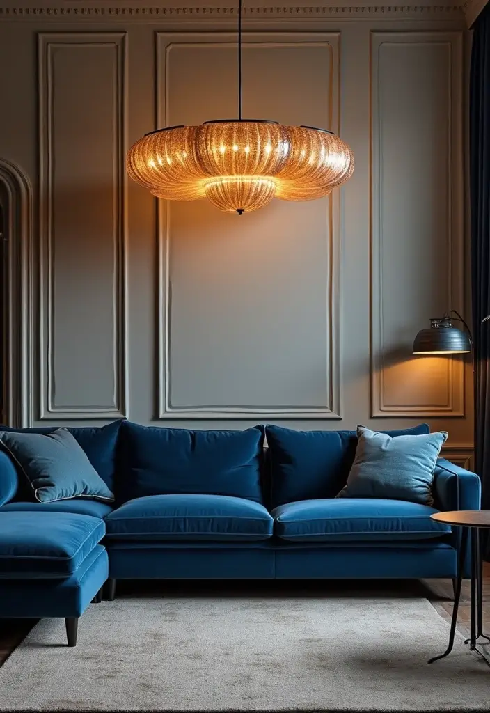 28 Navy Blue Sectional Living Room Ideas That Look Bold and Modern - 15. Statement Lighting