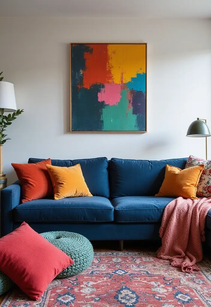 28 Navy Blue Sectional Living Room Ideas That Look Bold and Modern - 16. Colorful Accents