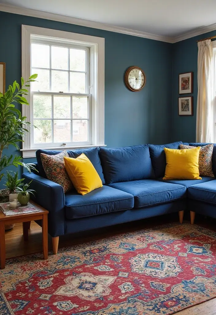 28 Navy Blue Sectional Living Room Ideas That Look Bold and Modern - 2. Bold Contrasts