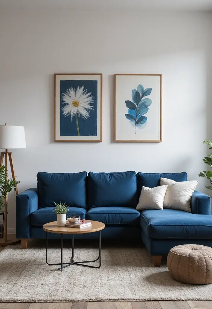 28 Navy Blue Sectional Living Room Ideas That Look Bold and Modern - 21. Contemporary Art