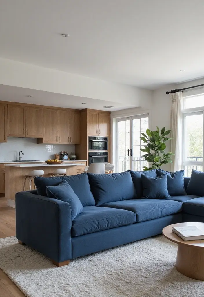 28 Navy Blue Sectional Living Room Ideas That Look Bold and Modern - 22. Open Space Planning