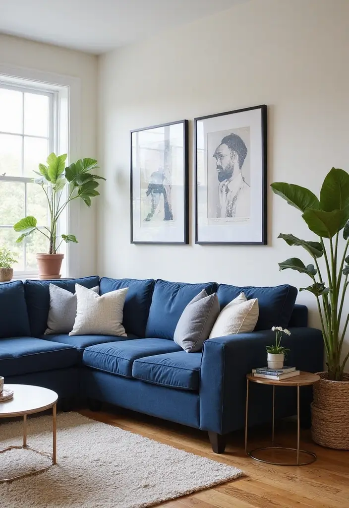 28 Navy Blue Sectional Living Room Ideas That Look Bold and Modern - 23. Personalized Touches