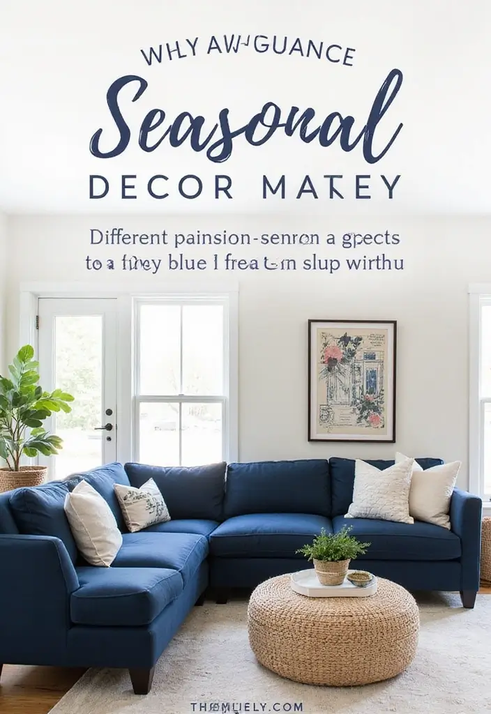 28 Navy Blue Sectional Living Room Ideas That Look Bold and Modern - 24. Seasonal Decor Updates