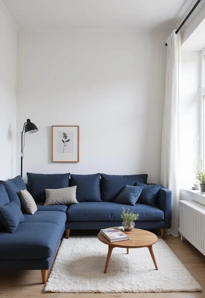 28 Navy Blue Sectional Living Room Ideas That Look Bold and Modern - 26. Modern Scandinavian Style