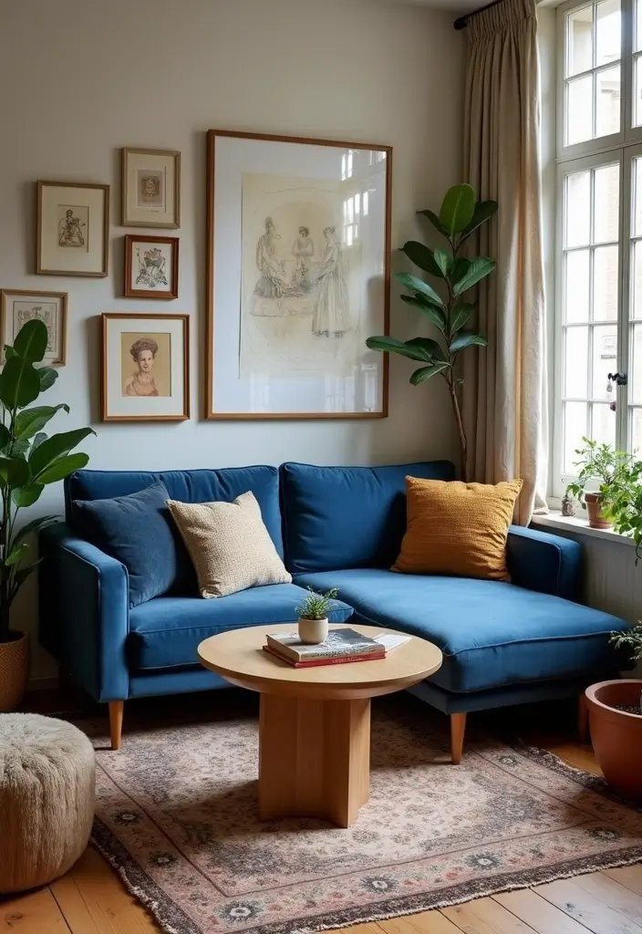 28 Navy Blue Sectional Living Room Ideas That Look Bold and Modern - 5. Eclectic Charm