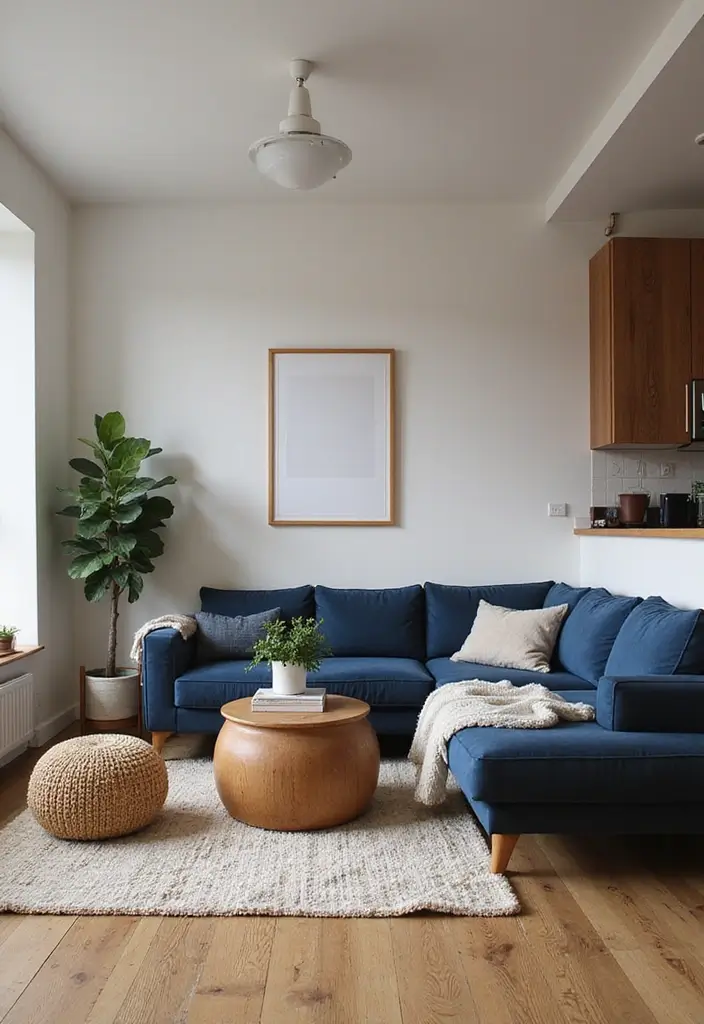 28 Navy Blue Sectional Living Room Ideas That Look Bold and Modern - 6. Warm Wood Accents