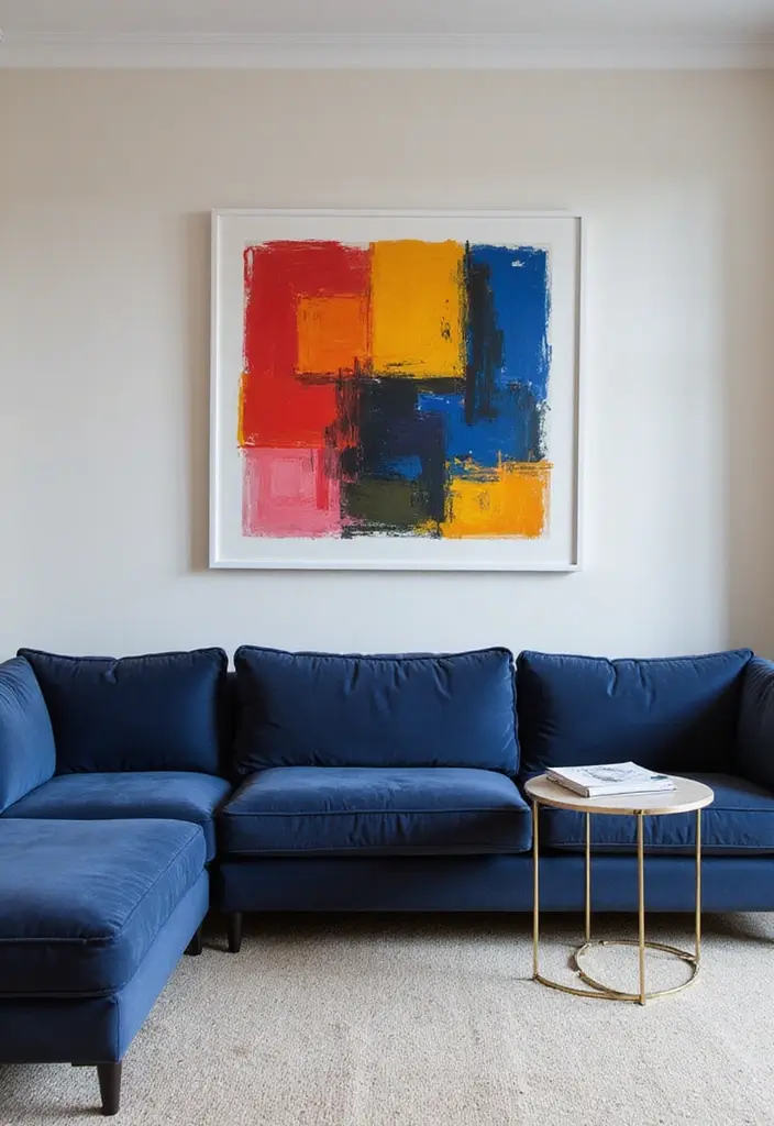 28 Navy Blue Sectional Living Room Ideas That Look Bold and Modern - 7. Artistic Statements