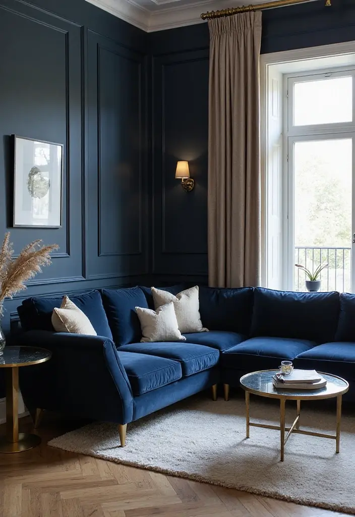 28 Navy Blue Sectional Living Room Ideas That Look Bold and Modern - 8. Elegant Metallic Touches