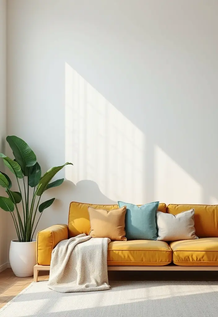 28 Painted Accent Walls in Living Room Ideas That Transform Your Space - 13. Minimalist White Wall with Colorful Accents