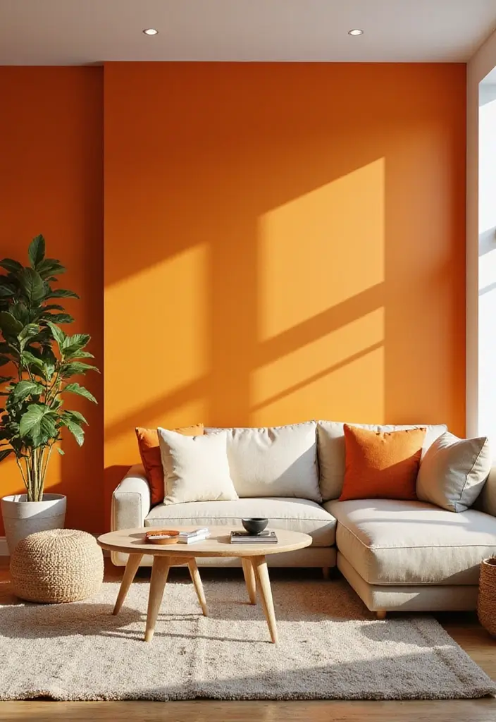28 Painted Accent Walls in Living Room Ideas That Transform Your Space - 17. Bright Orange Energy