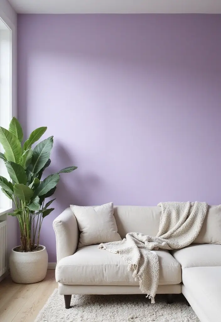 28 Painted Accent Walls in Living Room Ideas That Transform Your Space - 19. Soft Lavender Serenity