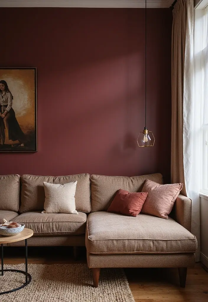28 Painted Accent Walls in Living Room Ideas That Transform Your Space - 20. Alluring Burgundy Accent