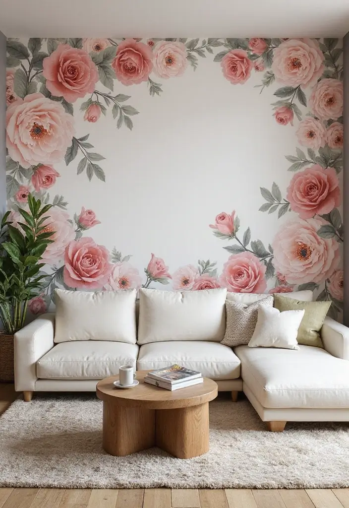 28 Painted Accent Walls in Living Room Ideas That Transform Your Space - 21. Artistic Floral Murals