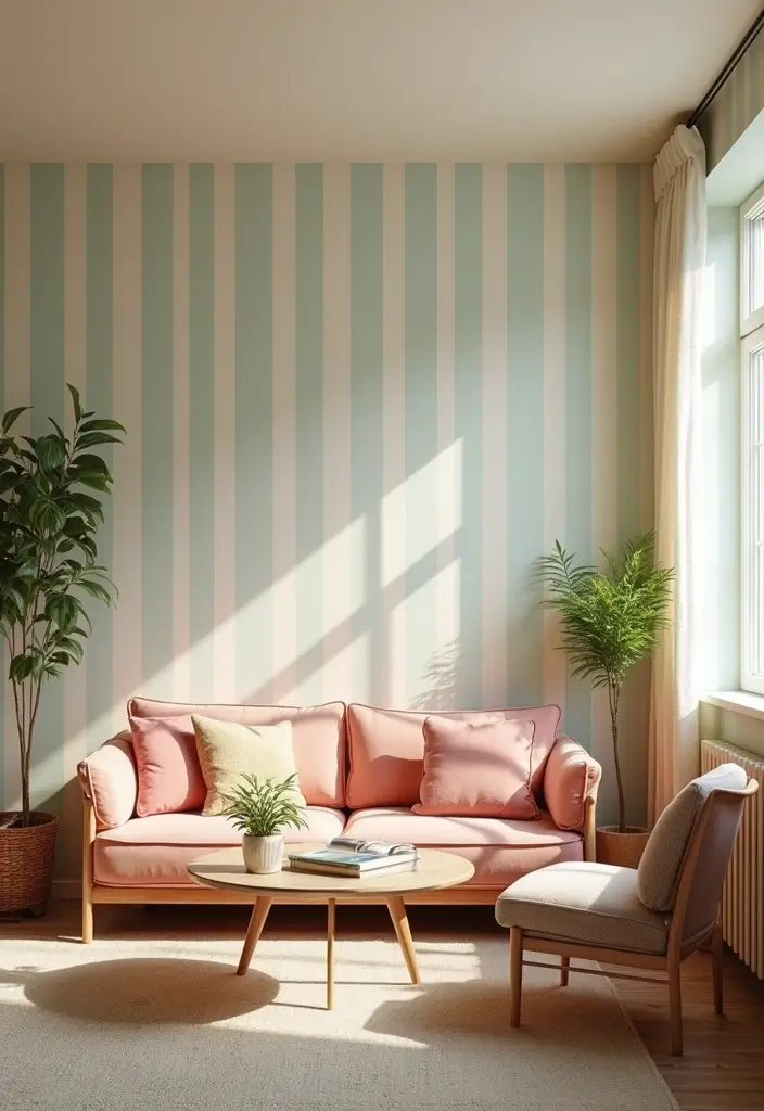 28 Painted Accent Walls in Living Room Ideas That Transform Your Space - 27. Vintage-inspired Pastel Stripes