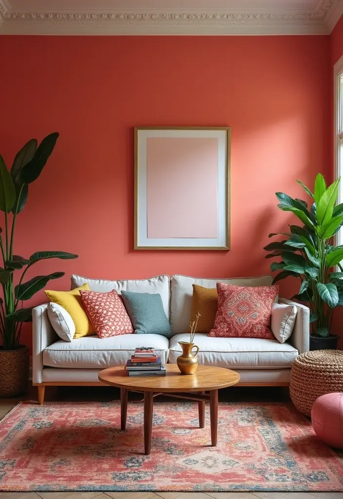28 Painted Accent Walls in Living Room Ideas That Transform Your Space - 5. Vibrant Coral Pop