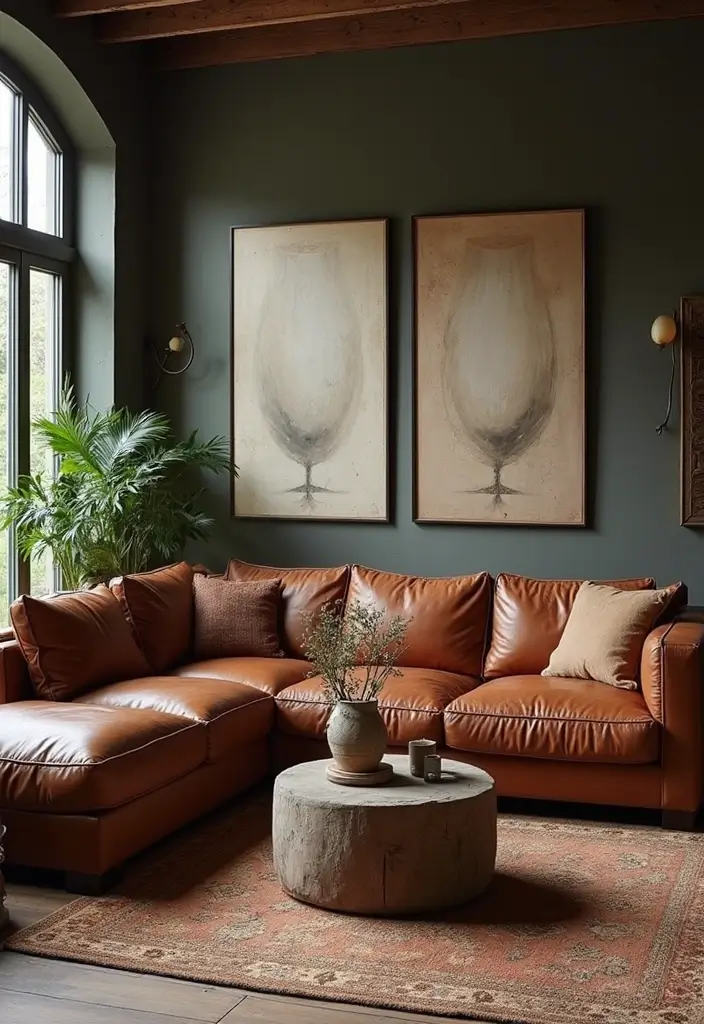 28 Sectional Living Room Ideas That Maximize Seating and Style - 17. Vintage Leather Sectional