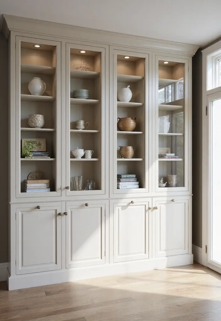 28 Wall Units Living Room Built Ins That Look Custom and Smart - 10. Glass Door Cabinets