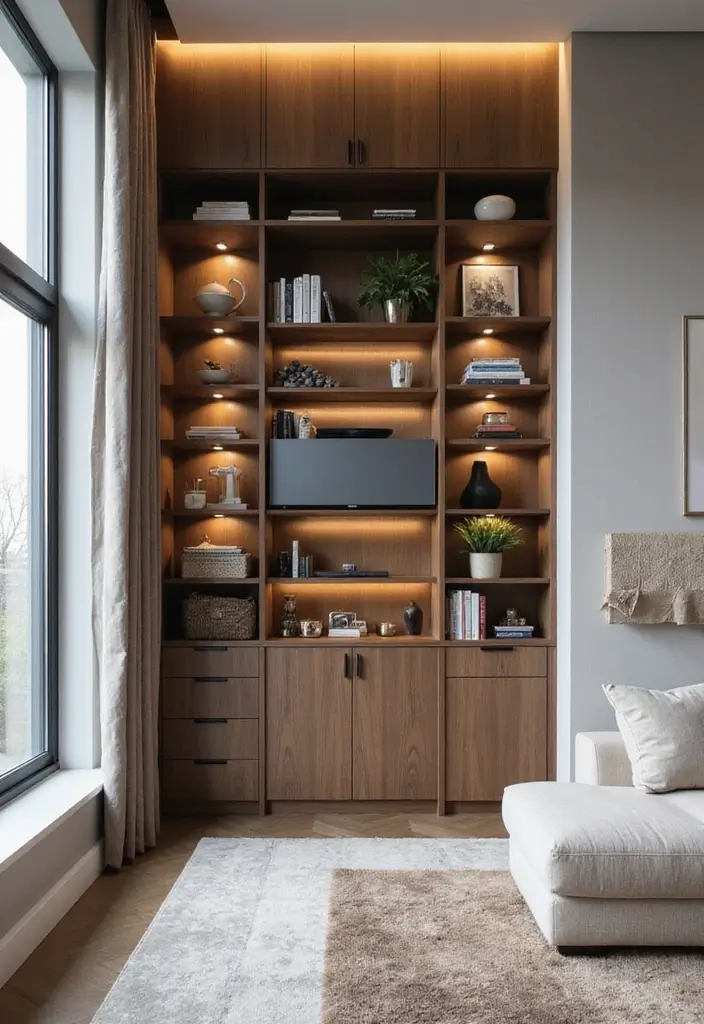 28 Wall Units Living Room Built Ins That Look Custom and Smart - 11. Vertical Storage Solutions